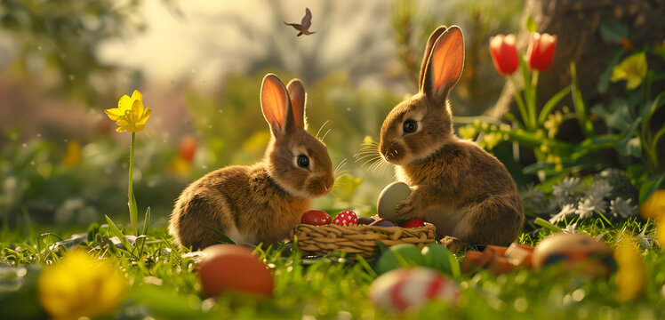 Easter bunnies having a picnic, with one bunny accidentally sitting on a chocolate egg