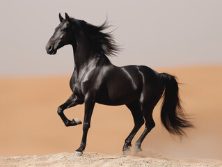 Black horse galloping on sand in the desert. A black horse standing on its hind legs in the desert