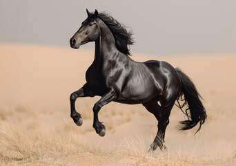 Black horse runs on the sand in the desert