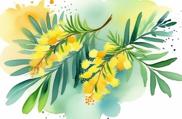 Spring watercolor illustration of mimosa flowers on yellow green background, greeting card concept, floral composition