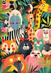 the geometric flat 2d illustration features an assortment of animals, in the style of bold graphic shapes, michael malm, light pastel colors