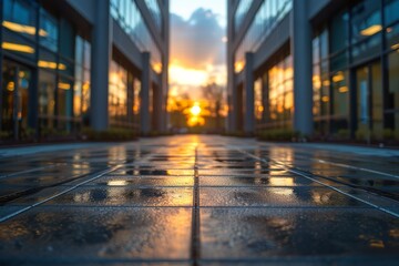 A stunning urban sunset captured in the glossy reflection of a wet pavement with buildings silhouetted - obrazy, fototapety, plakaty