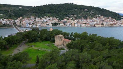 Fototapeta na wymiar Drone aerial view of Githio island (Gythio town) in Laconia, Peloponne - picturesque small fishing village of Gytheio in South Peloponnese - lighthouse and Green nature 