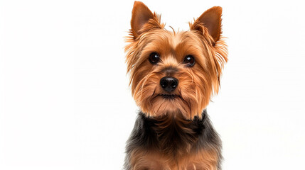Portrait of a Yorkshire Terrier isolated on a white background. Domestic dog.