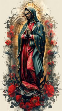 Our Lady of Guadalupe full body A beautiful creative print for a T-shirt 100% white background --ar 9:16 --stylize 750 --v 6 