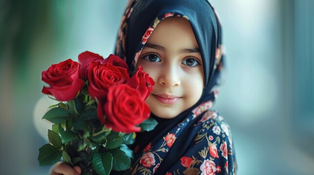 A young girl in a headscarf holds a beautiful bouquet of red roses. Fictional Character Created By Generated By Generated AI.