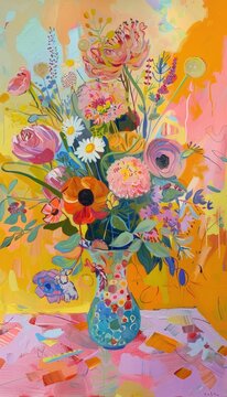 person, painting, orange and yellow, in the style of captivating floral still lifes, light pink and light green, quirky pottery, sharp focus, light-filled, playful 