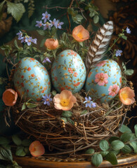 Fototapeta na wymiar Easter eggs in nest with flowers and feathers