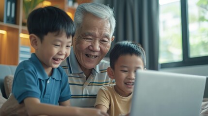 Grandfather Teaching Children About Technology. Fictional Character Created By Generated By Generated AI.