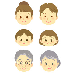 笑顔の表情6人家族/ポジティブなイメージ/顔だけのイラスト
