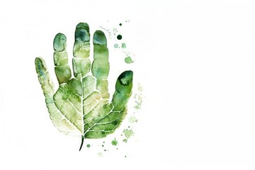 Generative AI, green ecology watercolor painted handprint with leaf veins, copy space, white background