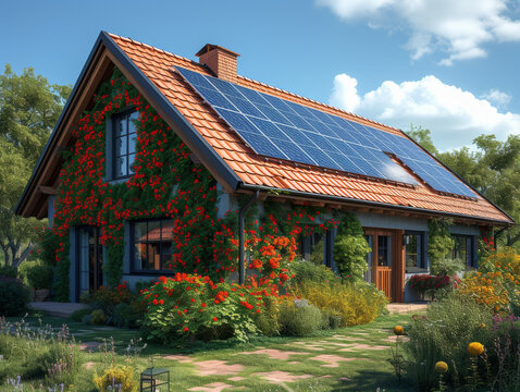 House with garden and solar panels on the roof. Photovoltaic system on the roof