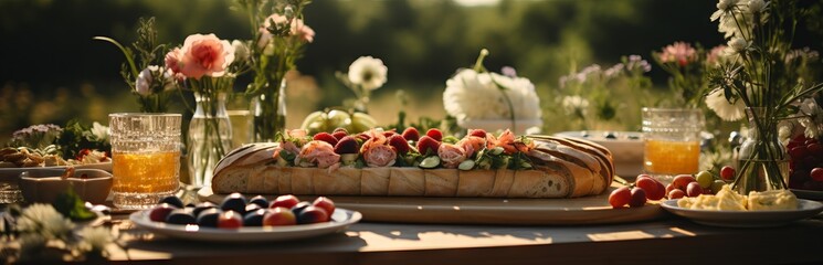 summer table in nature with snacks, wine and fresh flowers.
Concept: catering for picnics and feasts, organizing weddings and outdoor events. - obrazy, fototapety, plakaty