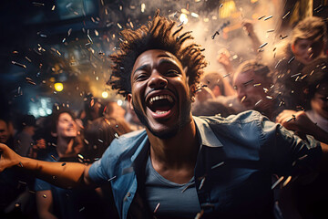 portrait of a happy black man dancing on the dance floor in a nightclub in a crowd
