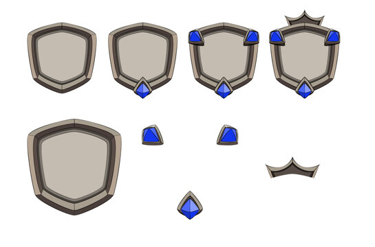 Silver cartoon badge set for game ranks and achievements with gems and crown. Easy editing and creation.