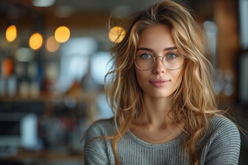 A stylish young woman with glasses focuses intently on the camera, her blonde hair framing her face - obrazy, fototapety, plakaty