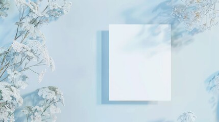5x5 blank white card, flat minimalist mockup, light blue background, blue bridal and wedding floral wedding invitation suite  