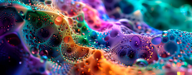Abstract vibrant bubble structure with multi dimensions and a colorful gradient with organic shapes.	