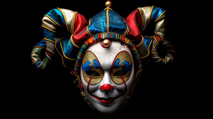Spooky jester mask in the dark, symbolizing anonymity and mystery or perhaps mental health disorders. 