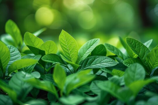 This image captures the intricate details and vibrant color of fresh green leaves with a blurred background