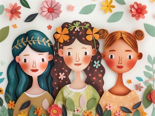 Paper or cardboard dolls in the garden, lovely colorful art illustration with three girls playing among the flowers, blond, black and chestnut brown hair, cute ladies standing or walking in nature - obrazy, fototapety, plakaty
