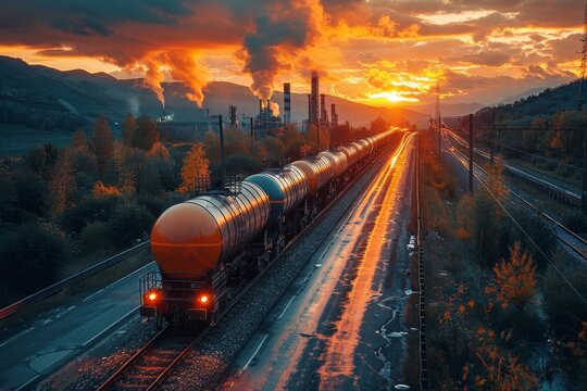 This striking image captures a train on its journey against the backdrop of an industrial skyline at sunset