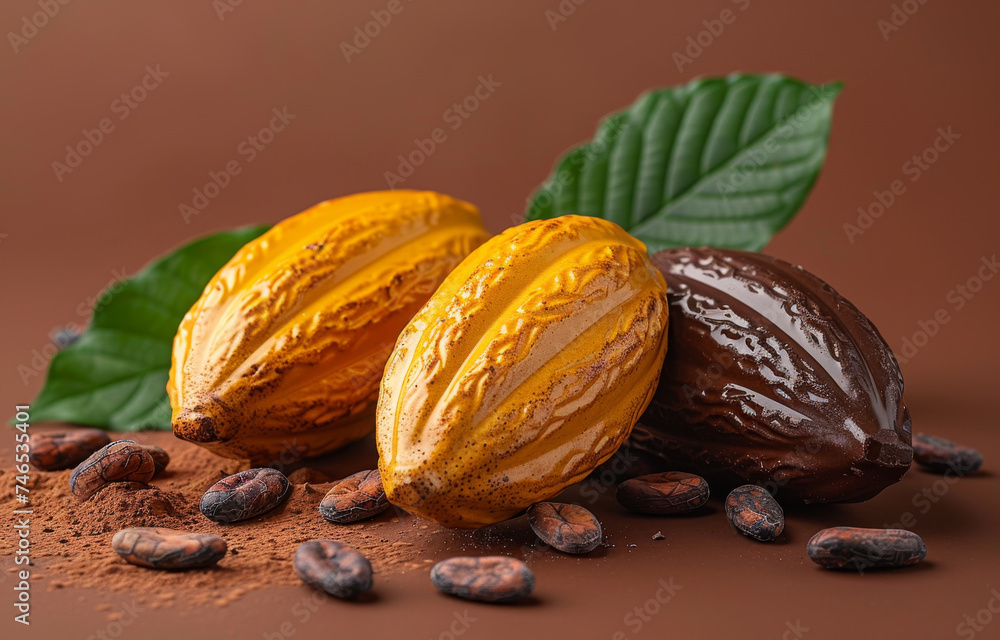 Poster cocoa pods and cocoa beans on brown background