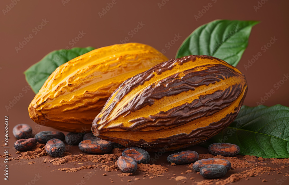 Poster cocoa pods and cocoa beans with cocoa powder and chocolate on brown background