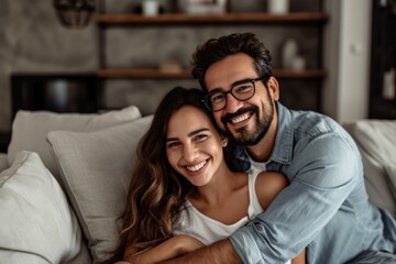 A happy couple cuddling on a couch, enjoying each other's company. Fictional Character Created By Generated By Generated AI.