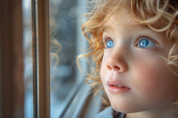 A toddler with curly blond hair and blue eyes looks outside with curiosity and wonder