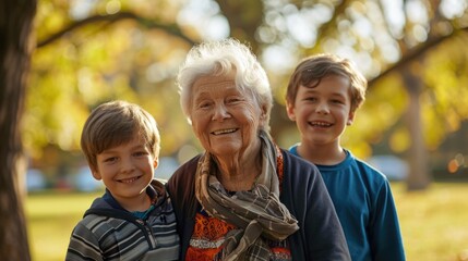 A happy grandmother surrounded by her two adoring grandchildren. Fictional Character Created By Generated By Generated AI.