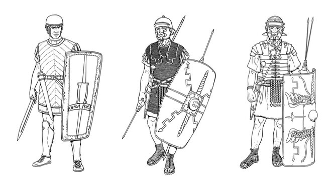 Roman legionnaires from different times. Historical drawing.	