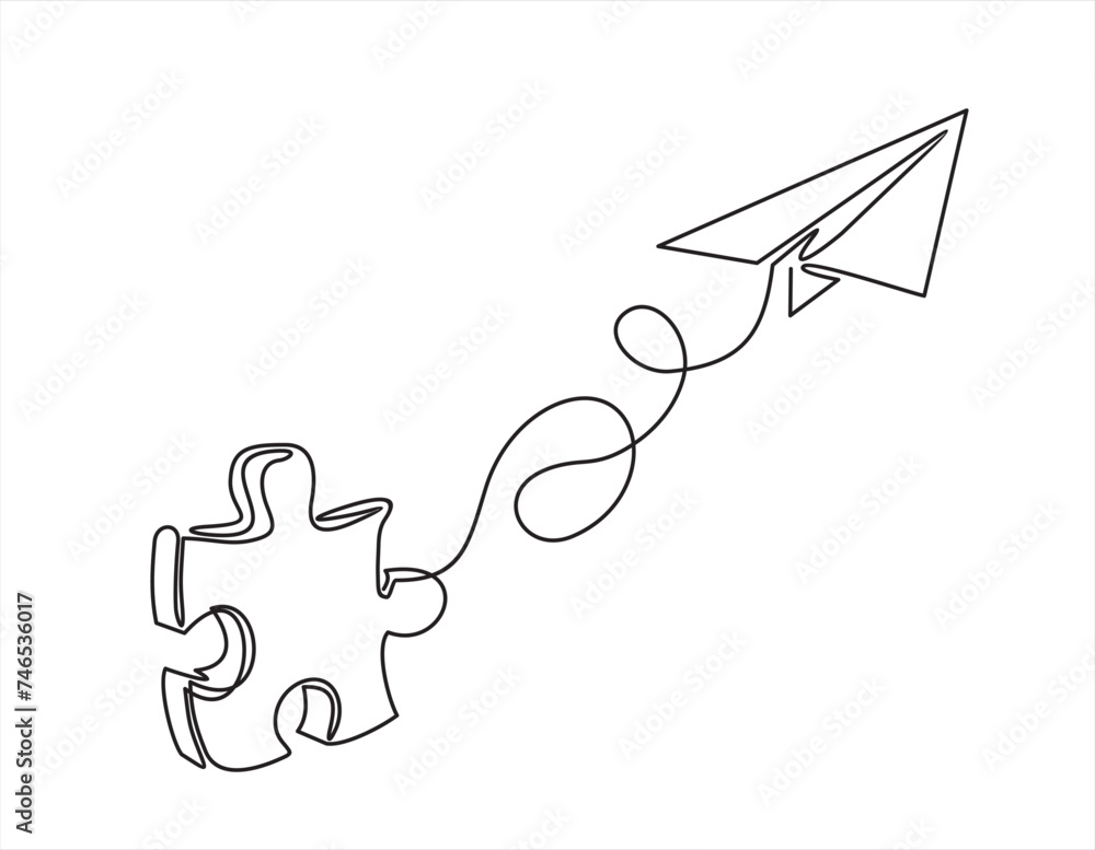 Poster continuous one line drawing of a jigsaw and paper plane on a white background. puzzle game symbol an
