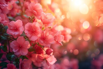 Beautiful pink azalea flowers in bloom basking in soft sunlight against a magical bokeh background