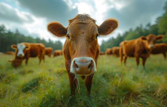 Cows grazing on green field