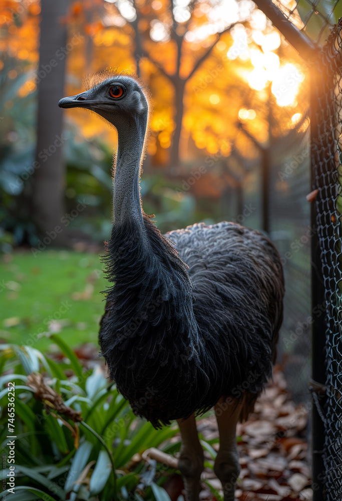 Poster large bird is standing in the grass in front of fence and trees
