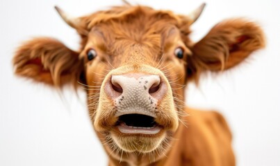 Suprised brown cow looking at camera with mouth open - obrazy, fototapety, plakaty