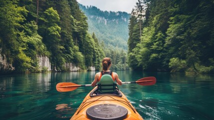 A person enjoying an eco-friendly activity, such as kayaking or hiking, with a focus on the importance of preserving natural habitats  - obrazy, fototapety, plakaty