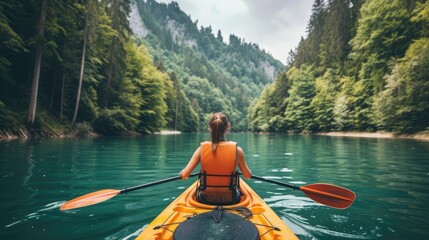 A person enjoying an eco-friendly activity, such as kayaking or hiking, with a focus on the importance of preserving natural habitats  - obrazy, fototapety, plakaty