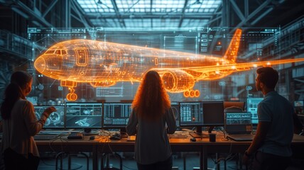 several engineers looking at a large holographic projection of a commercial airplane in a high-tech aerospace center. - obrazy, fototapety, plakaty