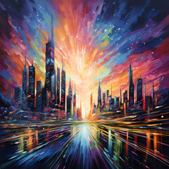 Abstract city skyline with vibrant streaks of light.