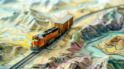detailed miniature train model traverses a colorful topographic map.