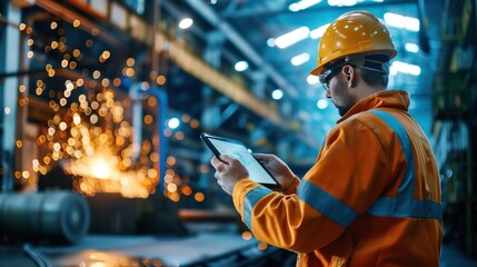industrial worker uses a tablet in a factory with sparks. - obrazy, fototapety, plakaty
