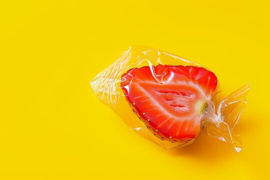 Generative AI image of a slice of strawberry wrapped like candy in transparent foil on bright yellow background