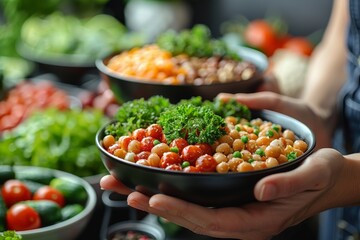 Person holding a nutritious bowl of chickpea salad, emphasizing healthy eating and lifestyle choices