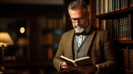 Knowledgeable in tweed illuminated by bookish light - obrazy, fototapety, plakaty