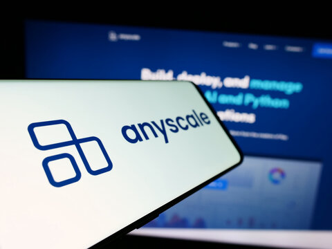 Stuttgart, Germany - 02-15-2024: Smartphone with logo of American AI infrastructure company Anyscale Inc. in front of business website. Focus on center-left of phone display.