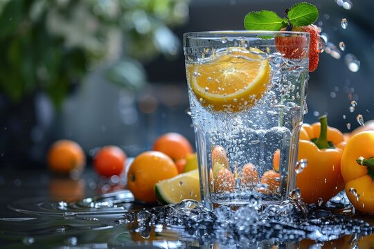 A dynamic and refreshing image of water splashing around a glass filled with citrus fruits, mint, and ice cubes on a dark background