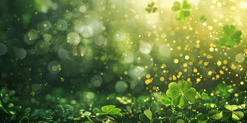 St patrick's day banner with four leaf clover background Abstract green bokeh background
