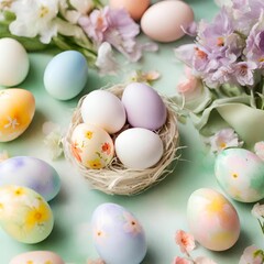 Naklejka na ściany i meble A dreamy Easter background painted in soft watercolors, capturing the delicate beauty of spring blooms and Easter eggs